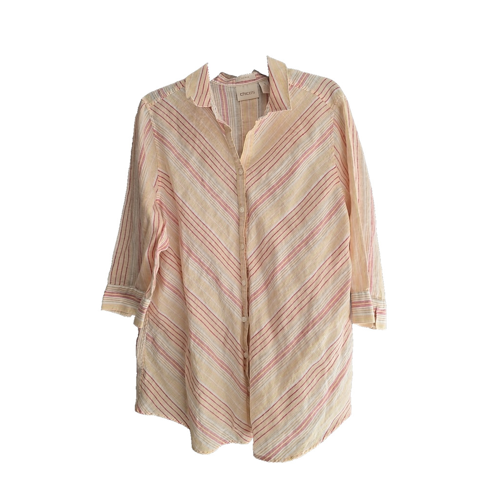Chico's‎ Peach Striped Linen 3/4 Sleeve Tunic Button Down Shirt Womans Size 3/XL